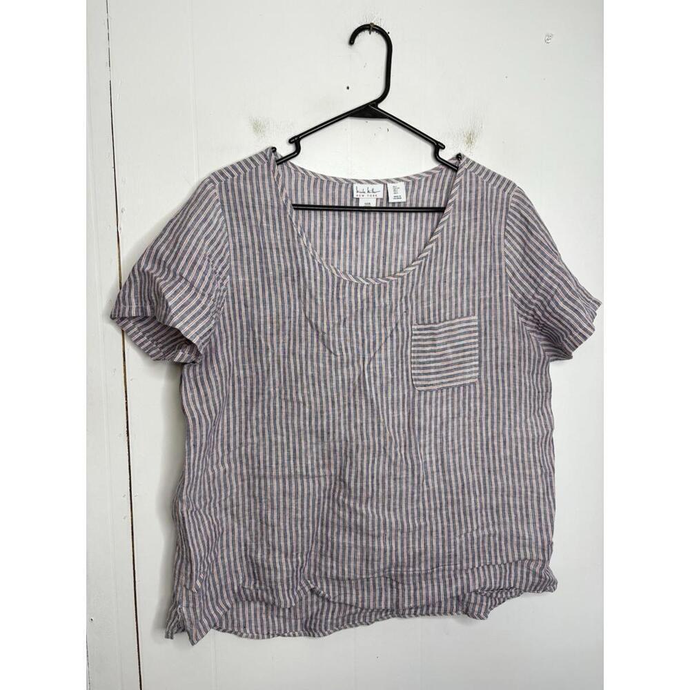 Nicole Miller Top Womens Large Linen Striped Boxy Lightweight Coastal Beachy